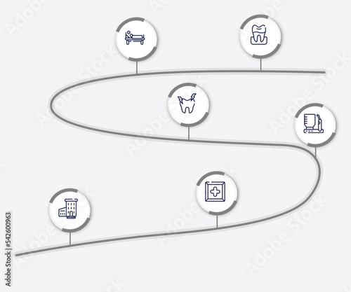 infographic element with health outline icons. included premolar, patient in hospital bed, hypersensitive, dental irrigator, hospital with three floors, cross inside a square vector.