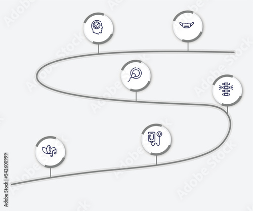 infographic element with medical outline icons. included dentist mask, positivity, insemination, chiropractic, music therapy, intravenous saline drip vector.