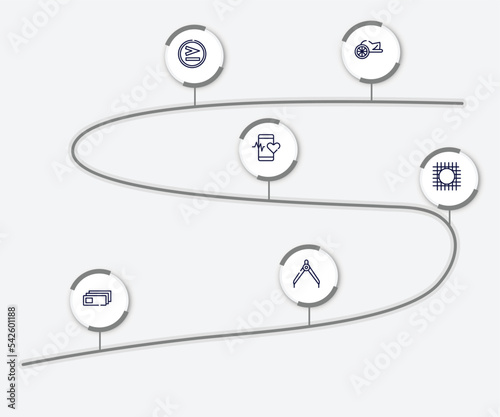 infographic element with in the library outline icons. included chariot, greater than, medical app, wire gauze, microscope slides, divider vector.