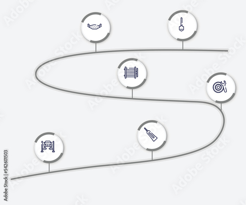 infographic element with plumber outline icons. included working shovel, brake pad, condenser, tyre, car lift, caulk vector.