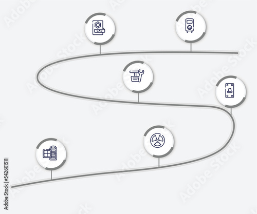 infographic element with construction outline icons. included boiler, cad, pedals, switch on, door and window, radiation vector.