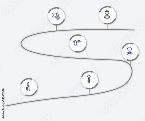infographic element with construction outline icons. included electrician service, knot, glue gun, construction worker, crimping pliers, screws vector.