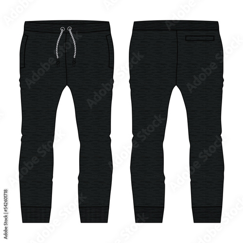 Fleece fabric Jogger Sweatpants technical fashion flat sketch vector illustration template front, back views. Clothing sweatpants black color mock up cad