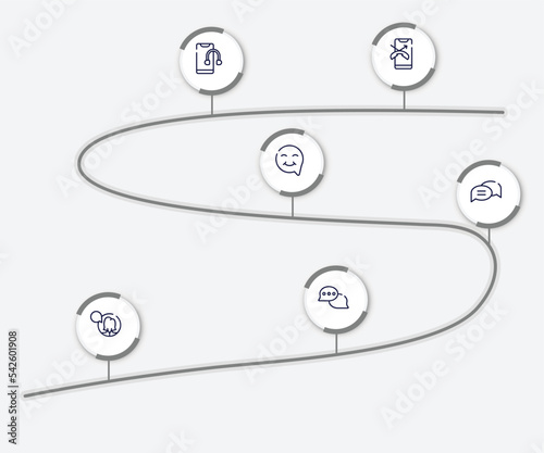 infographic element with chatting outline icons. included one missed phone, smartphone headphones, smiley inside speech bubble, chat bubble with lines, female user talking, speech bubbles with