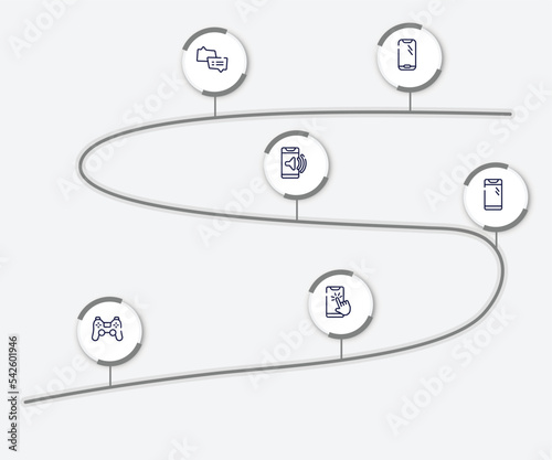infographic element with smartphones outline icons. included round smartphone, two speech bubbles, telephone volume, smartphone with front camera, ps4 controller, phone with touch screen vector.