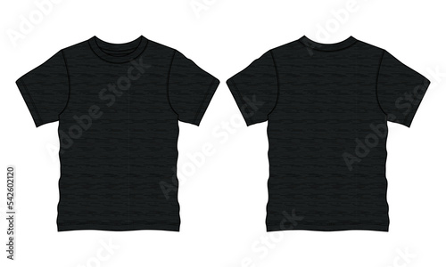 Cotton single jersey short sleeve t shirt technical fashion flat sketch vector illustration template front and back views. Apparel clothing design black color mock up cad