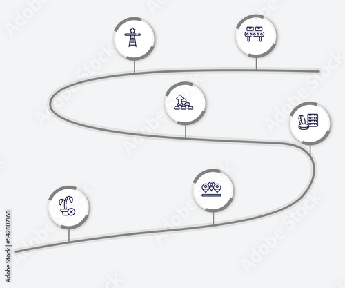 infographic element with seo and business outline icons. included manufacture, shortcut, ingot, money stack, null, viral vector.