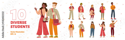 Set of students characters with bags, books and backpacks. Diverse young people studying in school, university or college isolated on white background, vector hand drawn illustration
