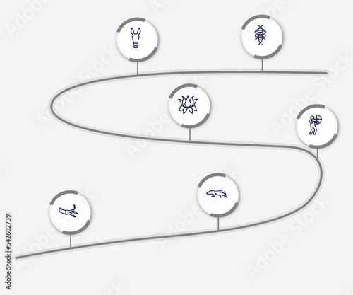 infographic element with animals outline icons. included silverfish, donkey, lotus flower, hunter, squid, badger vector.