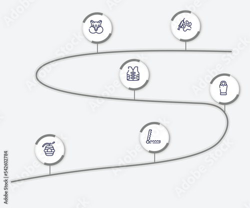 infographic element with wildlife outline icons. included vaccine, chipmunk, vest, sarcophagus, beehive, trap vector.