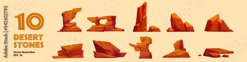 Set of desert stones, mountain rock lumps and pieces. Natural geological materials, textures for pc game formation isolated ui or gui elements, Cartoon vector illustration, icons collection photo