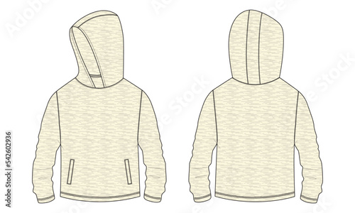 Long sleeve hoodie fashion flat sketch vector illustration template for Baby boys. Cotton fleece fabric Winter sweater jumper off white color mock up cad.