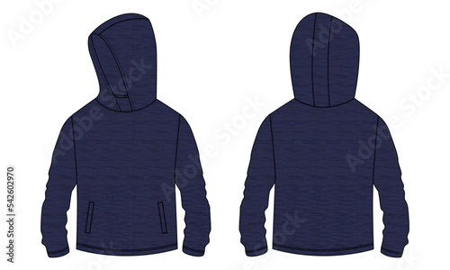Long sleeve hoodie fashion flat sketch vector illustration template for Baby boys. Cotton fleece fabric Winter sweater jumper navy color mock up cad.