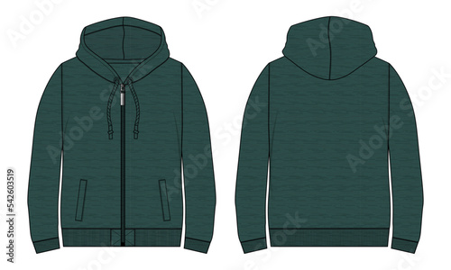 Long sleeve hoodie fashion flat sketch vector illustration template front and back views. Cotton fleece fabric Winter hoodie jumper Green color mock up cad.