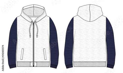 Two tone Color long sleeve hoodie fashion flat sketch vector illustration template front and back views. Cotton fleece fabric Winter hoodie jumper White  color mock up cad.