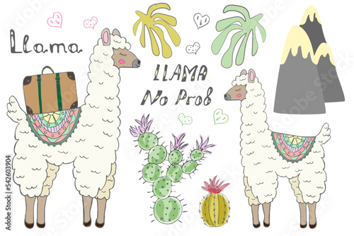 set of isolated cute llama, mountain and other elements - vector illustration, eps