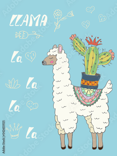 poster with cute llama and cactus - vector illustration, eps