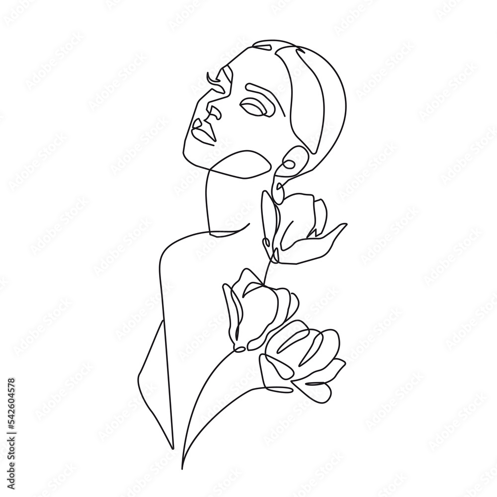 Woman With Flowers Line Art Drawing Female Figure Minimalist Illustration Modern Trendy Line