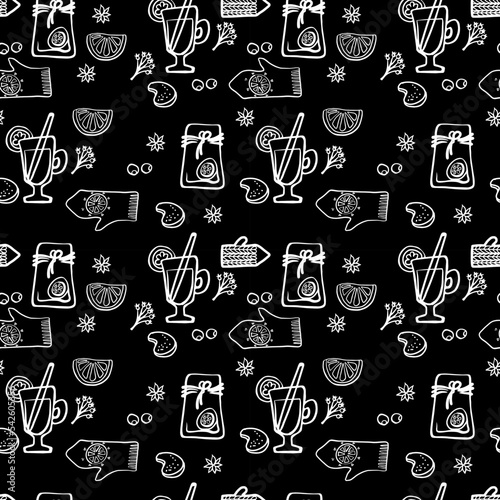 Christmas and Happy New Year seamless pattern with mulled wine, mittens, cinnamon, orange slices. Trendy retro style. White on black background.
