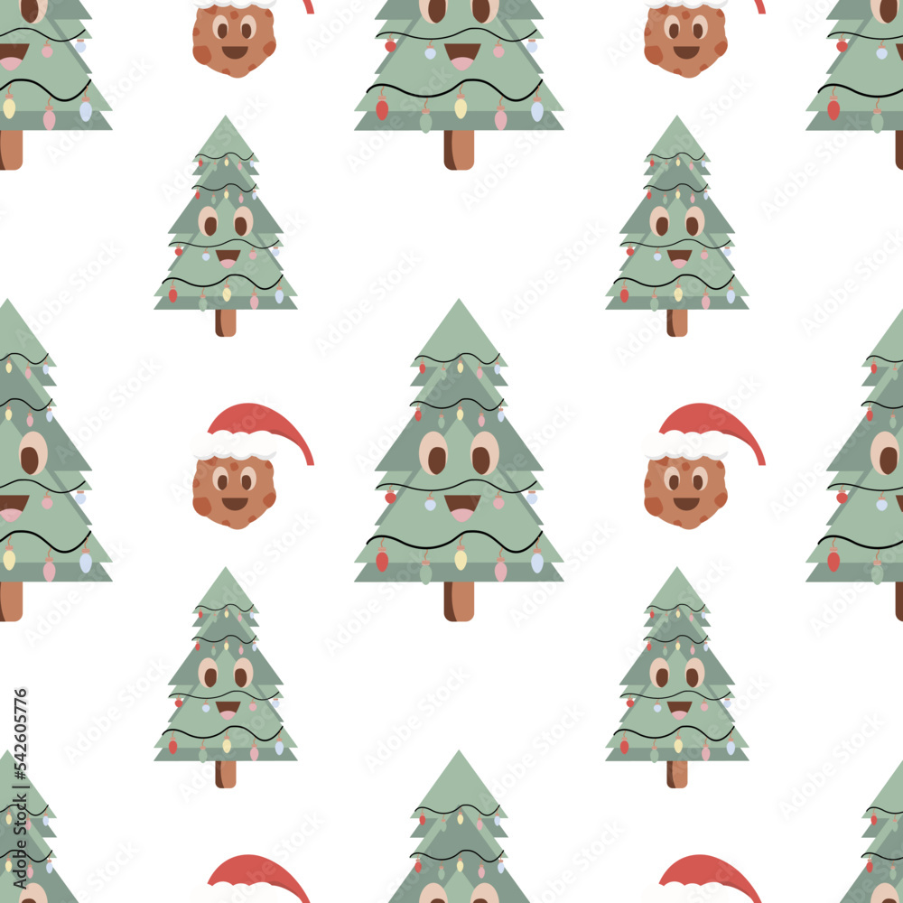 Christmas seamless vector pattern on a white background Christmas tree with eyes and lettering happy Christmas. Stylish retro pattern, suitable for wrapping paper, gifts, scrapbooking, web design.