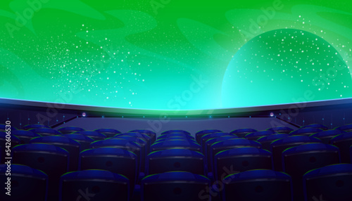 Movie theater, dark cinema hall with wide screen and seats rear view. Empty interior with space galaxy and planet in green starry sky on screen, chair backs in darkness, Cartoon vector illustration