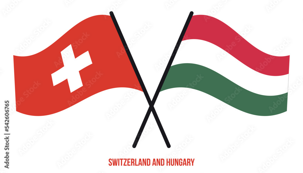 Switzerland and Hungary Flags Crossed And Waving Flat Style. Official Proportion. Correct Colors.