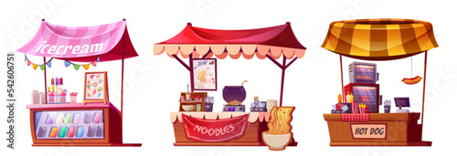 Set of street food market stalls isolated on white background. Cartoon vector illustration of shops selling ice cream, cooking noodles and hot dogs outdoors. Colorful festival stands. Small business