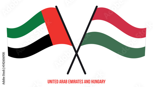 United Arab Emirates and Hungary Flags Crossed And Waving Flat Style. Official Proportion.