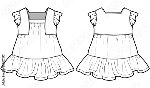 Baby Girls Overcoat Style Frilled Hem Dress Front and Back View. Fashion Illustration, Vector, CAD, Technical Drawing, Flat Drawing, Template, Mockup.	