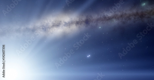 Stars and space in the sun light. Sun rays 3d illustration background
