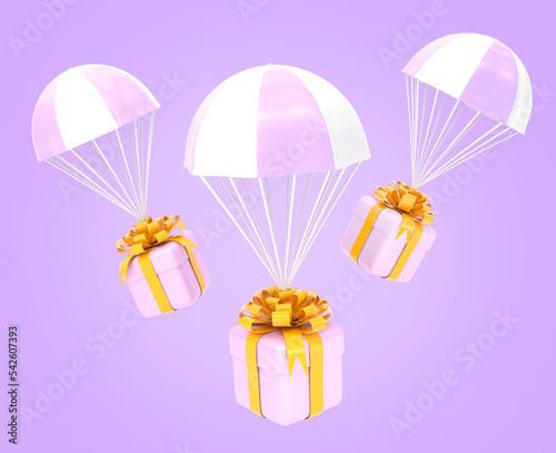Flying parachutes and pink gift boxes with golden ribbon and bow 3d render. Concept of shipping present, parcel delivery service, fast order shipment, online shopping sale, web banner