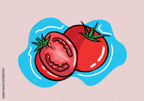 Hand drawn fresh red tomatoes. Vegetables. Half a tomato. Vector cartoon illustration