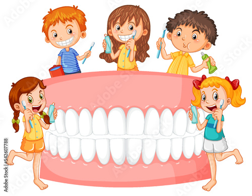 Group of children cleaning teeth