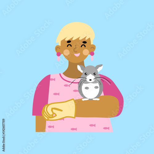 Veterinarian with a rodent. A vet clinic worker, animal doctor, stands next to a chinchilla. Medical care for pets. Vector illustration in flat style
