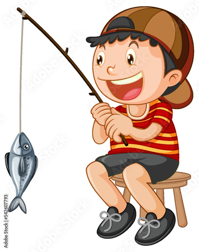 Happy kid sitting on a chair fishing