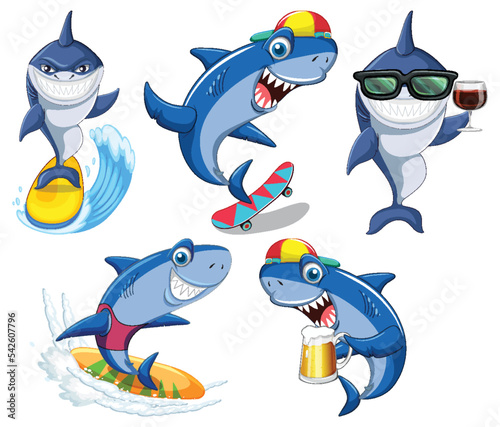 Set of summer shark cartoon character