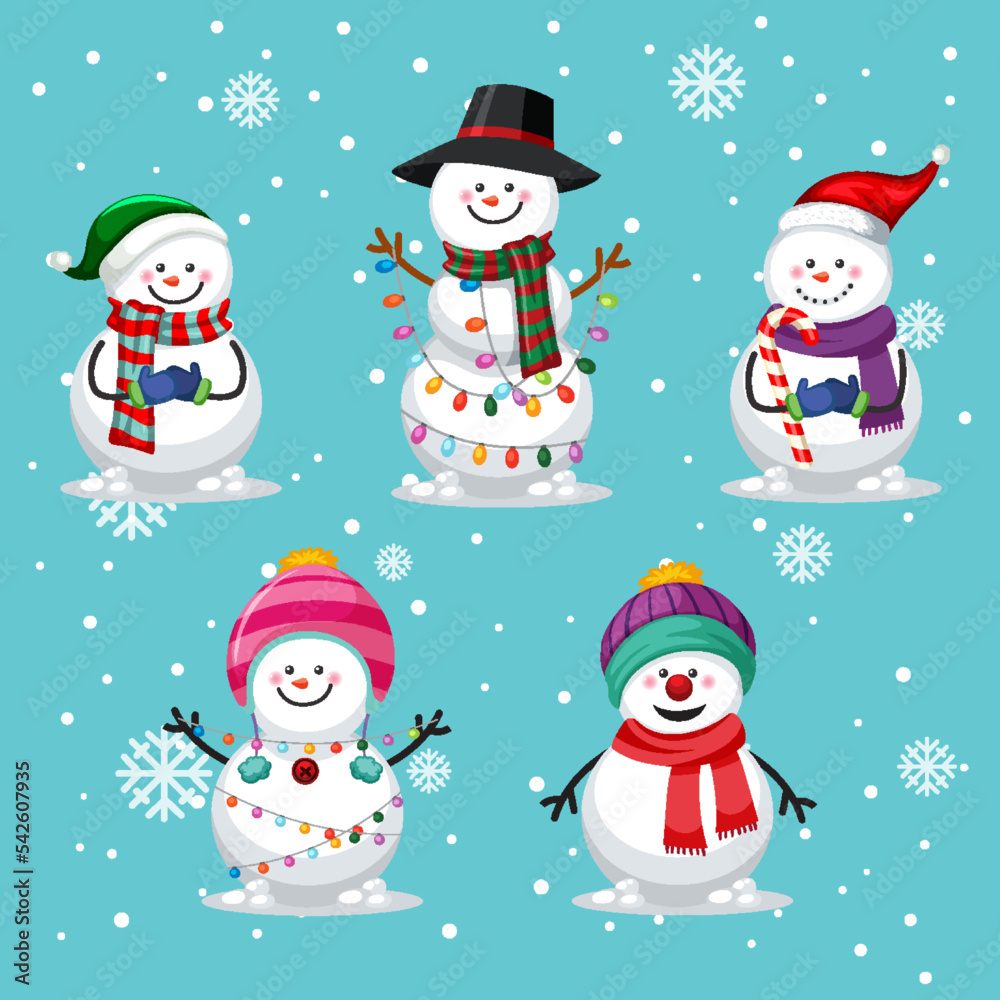 Set of different snowman in Christmas theme