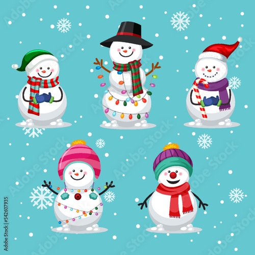 Set of different snowman in Christmas theme