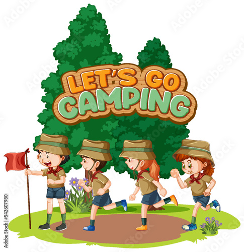 Camping kids and text design for word let's go camping
