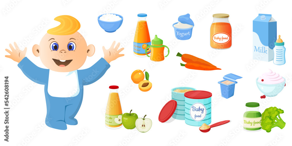 Baby food.A small child and a set of baby products.Milk powder, fruit puree, fermented milk products.Vector illustration.