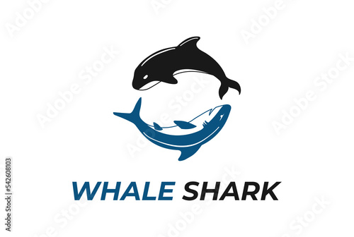 Circular Ocean Sea Orca Whale with Blue Shark Battle Logo Design