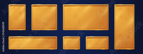 Gold game signs, name plates, empty golden plaques mockup. Metal shiny tags or badges, square and rectangular nameplates, gamer ui menu or app graphic elements, isolated realistic 3d vector set