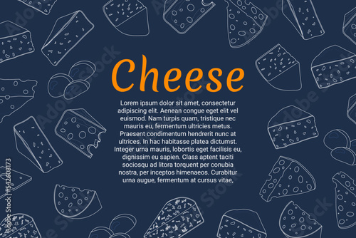 Fototapeta Naklejka Na Ścianę i Meble -  A set of cheese on a blue background.Camembert, Roquefort, maasdam, gouda, Dutch, mozzarella and feta.Background for flyers, banners and posters.Vector illustration.