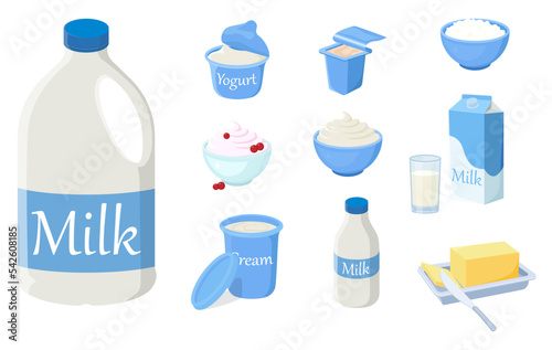 A set of fresh dairy products.Fresh milk,yoghurts,butter, sour cream,cream, ice cream .Illustrations in a hand-drawn style are isolated on a white background.