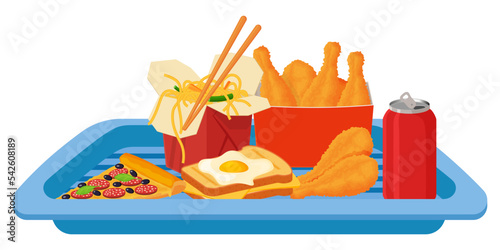 A tray with a set of fast food.Burger, sandwich, French fries, Chinese noodles and cola.Vector illustration.