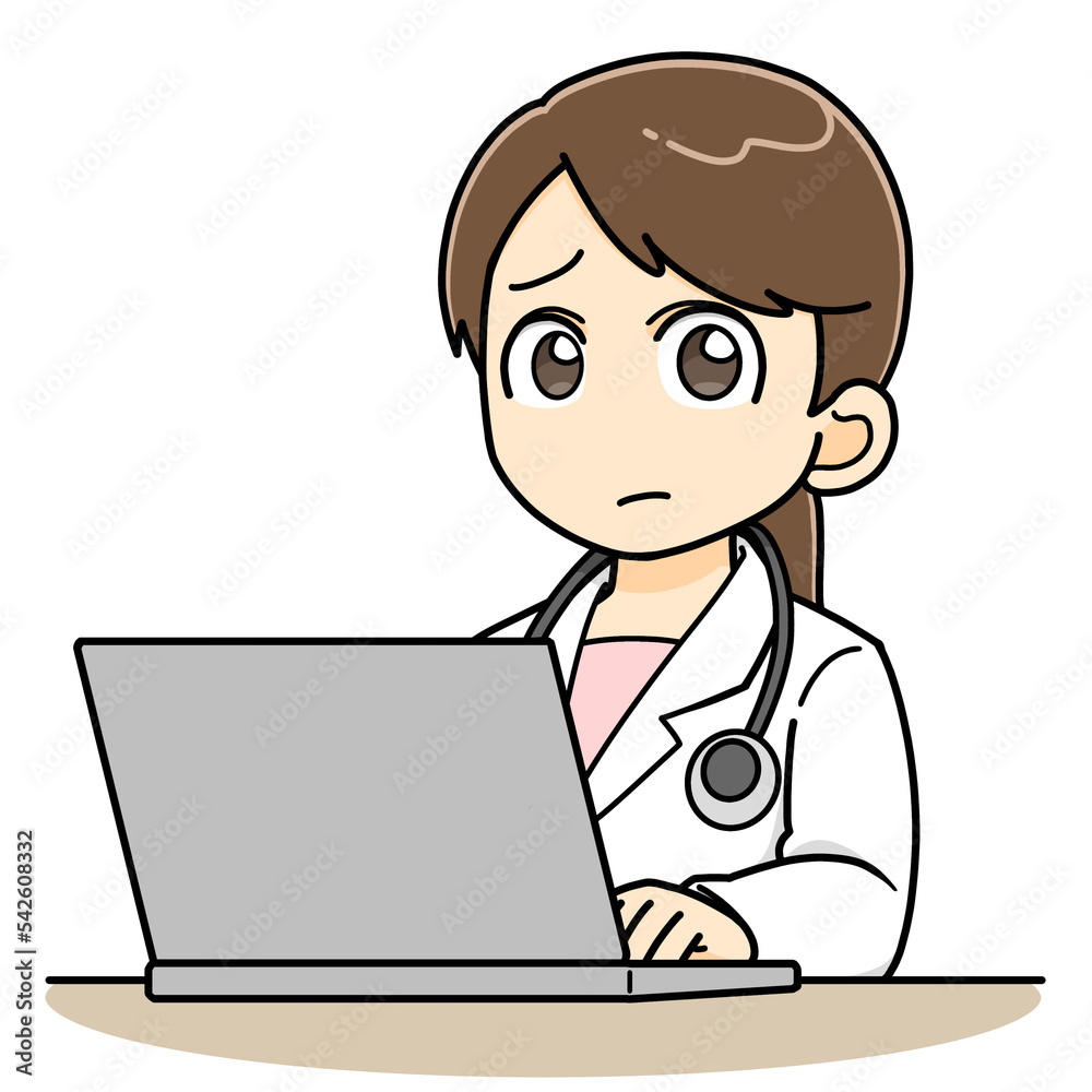 パソコンの前で困った顔をする女性医師