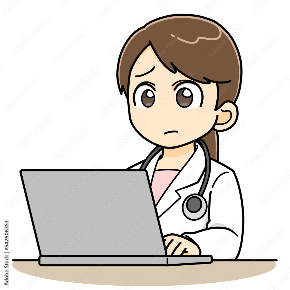 パソコンの前で困った顔をする女性医師
