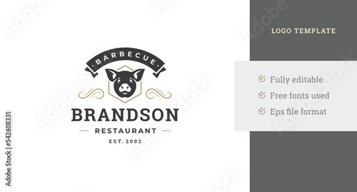 Minimalist grill barbecue restaurant logo design template pig head curved ornament ribbon vector