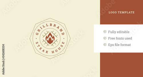 Grill barbecue bistro cafe circle geometric vintage logo design template vector illustration