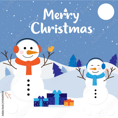 Merry Christmas background with snow drifts landscape, snowman, gifts and Christmas trees.